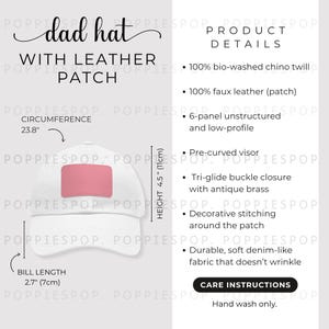 White Dad Hat With Pink Leather Patch Size Chart, Dad Cap Size Guide, Baseball Hat Care Card, Printify Dad Hat, Photo Listing, Hat Mockup