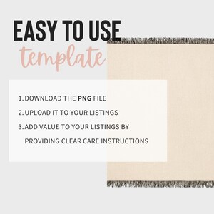 May include: A text-based template for Etsy listings, with instructions to download a PNG file, upload it to listings, and add value by providing clear care instructions.