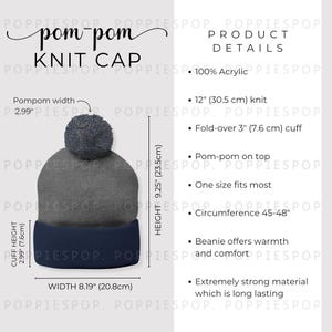 Tabella delle taglie per berretto in maglia con pompon e polsini blu navy, guida alle taglie per berretto in maglia, berretto in maglia Printify, elenco foto, guida alle taglie per cappelli invernali