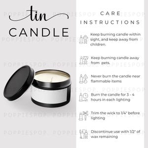 Cartão de cuidados com velas de lata, instruções de uso de velas de lata pretas, instruções de velas, cartão de cuidados com velas brancas, vela Printify, maquete de velas de lata
