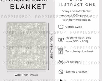 Tabla de tallas de mantas de terciopelo de 50 x 60, tarjeta de cuidado de mantas de terciopelo, guía de tallas de mantas, manta de terciopelo Printify, instrucciones de cuidado de mantas de terciopelo