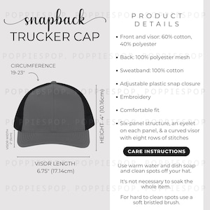 Charcoal/Black Snapback Trucker Hat Size Chart, Trucker Hat Size Guide, Embroidery Cap Care Card, Printify Trucker Cap, Dad Cap Mockup