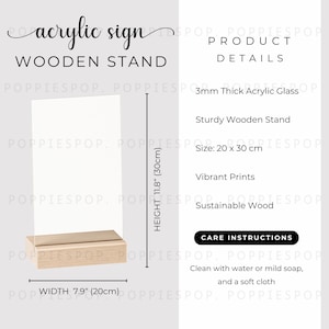 Maattabel acrylbord van 20 x 30 cm, acrylbord met houten standaard Onderhoudsinstructies, acrylbordmodel, acrylbord printify, acrylstandaard