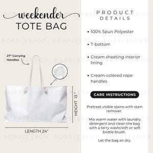 Weekender Bag Size Chart, Oversize Bag Care Card, Tote Bag Washing Instructions, Printify Tote Bag, Printify Size Charts, Tote Bag Mockup
