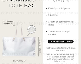 Weekender Bag Size Chart, Oversize Bag Pflege Karte, Tote Bag Waschanleitung, Tote Bag drucken, Size Charts ausdrucken, Tote Bag Mockup