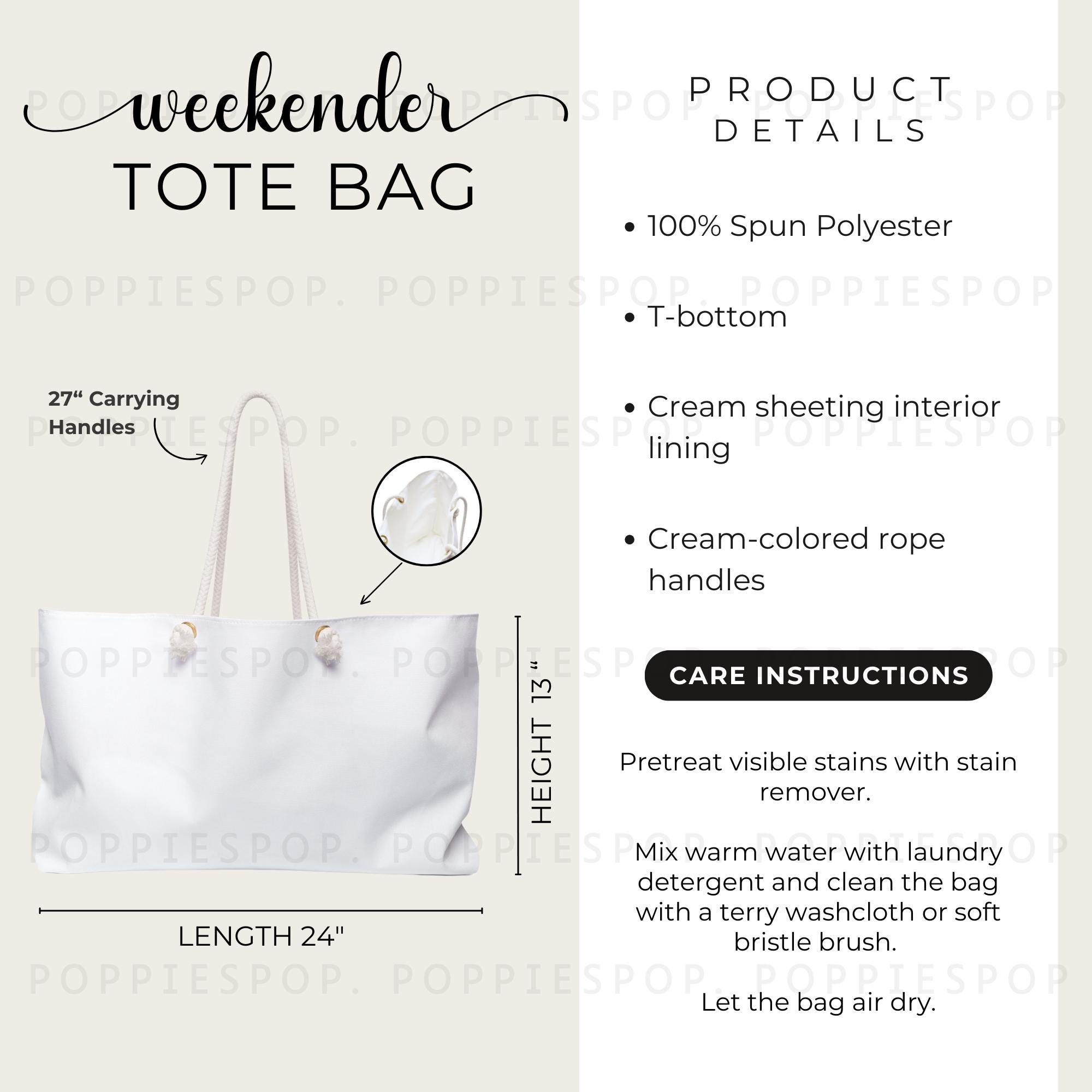 Weekender Bag Size Chart, Oversize Bag Care Card, Tote Bag Washing