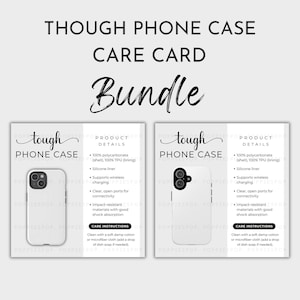 Könnte beinhalten: Zwei weiße Handyhüllen mit einem schwarzen Kameraobjektiv und dem Text "tough PHONE CASE" und "PRODUCT DETAILS" mit einer Liste von Funktionen. Der Text "CARE INSTRUCTIONS" ist ebenfalls enthalten mit Anweisungen zur Reinigung der Hülle.