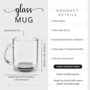 10oz Clear Glass Mug Size Chart, Glass Mug Care Card, Glass Mug Mockup, Printify Clear Glass Mug, Coffee Mug Mockup, Glass Mug Template