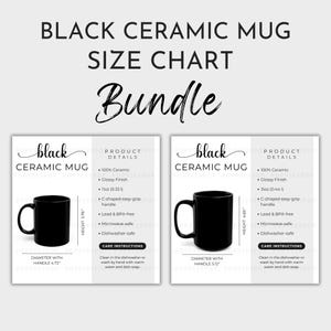 Puede incluir: Una tabla de tallas para tazas de cerámica negra. La tabla muestra dos tazas, una de 11 oz y otra de 15 oz, con sus dimensiones y detalles del producto. Las tazas tienen un acabado brillante, un asa de fácil agarre en forma de C, son libres de plomo y BPA, aptas para microondas y lavavajillas.
