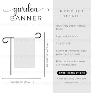 Maquete de Banner de Jardim, Tabela de Tamanhos de Banners para Casas, Cartão de Cuidados com Bandeiras de Jardim, Maquete de Placa de Jardim, Maquete de Bandeira de Jardim, Maquete de Banner de Jardim Printify