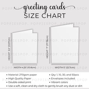 May include: A greeting cards size chart featuring two white folded cards. The smaller card is 5.5 inches high by 4.25 inches wide, and the larger card is 7 inches high by 5 inches wide. Text includes material, quantity, and care instructions.