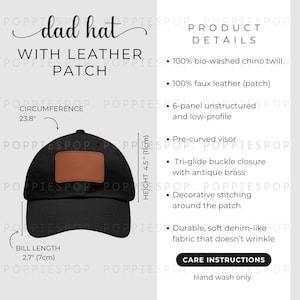 Black Dad Hat With Brown Leather Patch Size Chart, Dad Cap Size Guide, Baseball Hat Care Card, Printify Dad Hat, Photo Listing, Hat Mockup