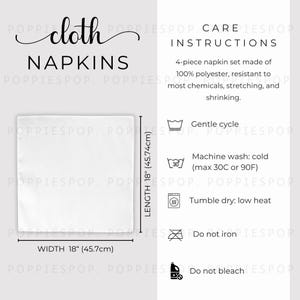May include: White cloth napkins, 18 inches by 18 inches, with care instructions for washing, drying, and ironing. The instructions include gentle cycle, machine wash cold, tumble dry low heat, do not iron, and do not bleach.
