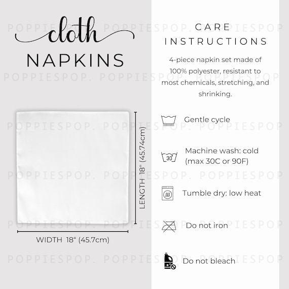 Cloth Napkin Size Chart, Polyester Napkin Size Guide, Napkin Care Card, Napkin Mockup, Fabric Napkin Size Chart, Printify Cloth Napkin