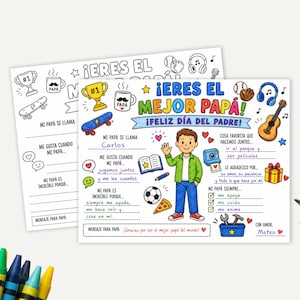 Op de afbeelding: Een Vaderdag-vragenlijstkaart met de tekst ¡ERES EL MEJOR PAPÁ! en ¡FELIZ DÍA DEL PADRE!, voorzien van kleurrijke illustraties zoals een trofee, skateboard, gitaar en voetbal, inclusief lege lijnen voor het invullen van persoonlijke teksten.