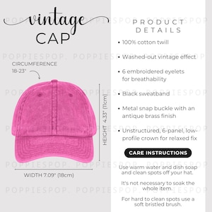 Pink Vintage Cap Size Chart, Vintage Hat Size Guide, Embroidered Cap Care Card, Printify Vintage Cap, Baseball Cap Mockup, Hat Mockup