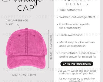 Pink Vintage Cap Size Chart, Vintage Hat Size Guide, Embroidered Cap Care Card, Printify Vintage Cap, Baseball Cap Mockup, Hat Mockup