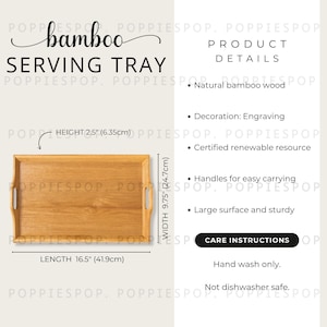 May include: Bamboo serving tray, 16.5 inches long, 9.75 inches wide, and 2.5 inches high. Made of natural bamboo wood with engraved decoration. Features handles for easy carrying. Hand wash only.
