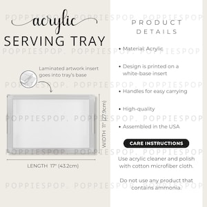Puede incluir: Bandeja de servicio acrílica transparente, de 43,2 cm de largo y 27,9 cm de ancho, con asas. El diseño está impreso sobre una base blanca. Fabricado en EE. UU. Incluye instrucciones de cuidado.