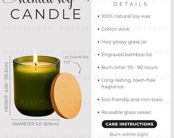 14oz Vineyard Olive Scented Soy Candle Size Chart, Glass Jar Candle Size Guide, Scented Soy Candle Care Card, Printify Scented Soy Candle
