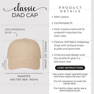 Stone Classic Dad Cap Größentabelle, Dad Cap Größentabelle, Dad Cap Größentabelle, Pflegekarte für Baseballmützen, Printstifte Dad Cap, Dad Hut Mockup, Beach Cap Größentabelle