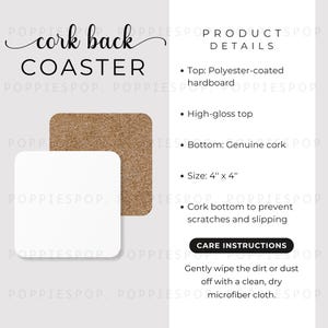 May include: A square coaster with a white top and cork back. The coaster is 4 inches by 4 inches. The text "cork back COASTER" is at the top of the image.