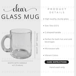 10oz Clear Glass Mug Size Chart, Glass Mug Care Card, Glass Mug Mockup, Printify Clear Glass Mug, Coffee Mug Mockup, Glass Mug Template