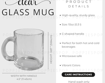 10oz Clear Glass Mug Size Chart, Glass Mug Care Card, Glass Mug Mockup, Printify Clear Glass Mug, Coffee Mug Mockup, Glass Mug Template
