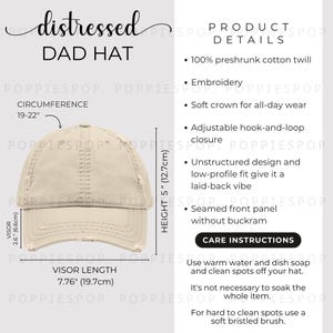 Khaki Distressed Dad Hat Größentabelle, Dad Cap Größentabelle, Dad Cap Größentabelle, Baseballmütze Pflege Karte, Printimmer Dad Cap, Dad Hat Mockup, Beach Cap Größentabelle