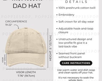 Khaki Distressed Dad Hat Size Chart, Dad Cap Size Guide, Baseball Hat Care Card, Printify Dad Cap, Dad Hat Mockup, Beach Cap Size Chart
