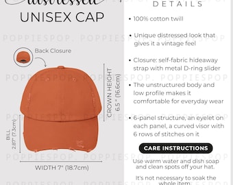 Tabela rozmiarów czapek unisex w kolorze spalonej pomarańczy, przewodnik po rozmiarach czapek dla taty, karta do pielęgnacji czapek baseballowych, czapka dla taty Printify, makieta czapki dla taty, tabela rozmiarów czapek