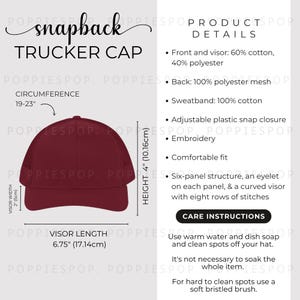 Cardinal Snapback Trucker Hat Size Chart, Trucker Hat Size Guide, Embroidery Cap Care Card, Printify Trucker Cap, Dad Cap Mockup