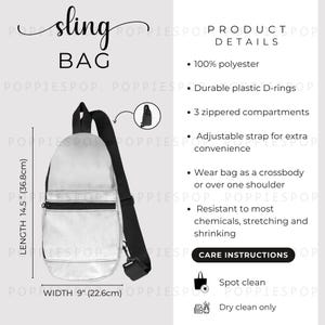 Tabela de tamanhos de bolsa tiracolo, cartão de cuidados com a bolsa peitoral, instruções de lavagem da bolsa tiracolo, bolsa peitoral Printify, guia de tamanhos de bolsa Printify, modelo de bolsa