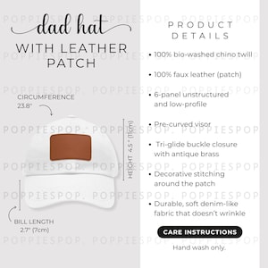White Dad Hat With Brown Leather Patch Size Chart, Dad Cap Size Guide, Baseball Hat Care Card, Printify Dad Hat, Photo Listing, Hat Mockup