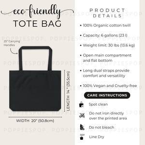 Black Eco-Friendly Bag Size Chart, Oversize Bag Care Card, Tote Bag Washing Instructions, Printify Large Tote Bag, Tote Bag Mockup