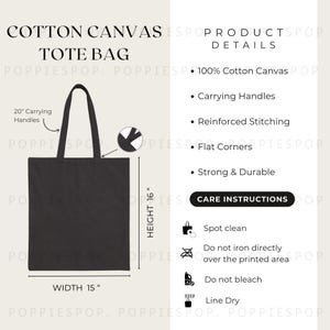 Tabela de tamanhos de sacolas de lona preta, cartão de cuidados com sacolas, instruções de lavagem de sacolas pretas, cartão de cuidados Liberty Bags OAD113, sacola Printify