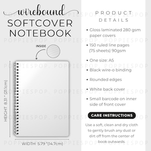 May include: A wirebound softcover notebook with a white cover and ruled pages. The notebook is A5 size, with a black wire-o binding and rounded edges. It measures 8.31 inches (21.1cm) in height and 5.79 inches (14.7cm) in width.