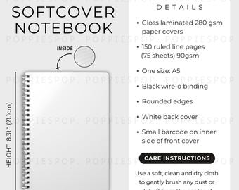 Wirebound Softcover Notebook Size Chart, Spiral Journal Care Card, Notebook Size Guide Printify Notebook, Rule Lined Spiral Journal Mockup