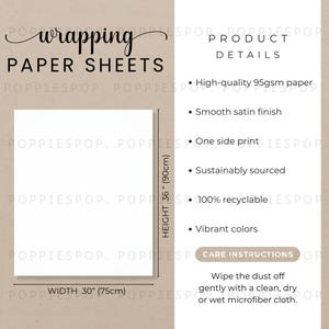 May include: White wrapping paper sheets with the text "wrapping PAPER SHEETS". The paper is 90cm high and 75cm wide. Features include high-quality 95gsm paper, a smooth satin finish, and vibrant colours.