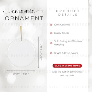 Tabela de tamanhos de enfeites, Cartão de cuidados com enfeites de cerâmica de Natal, Enfeite de cerâmica Printify, Guia de tamanhos de enfeites, Mockup de enfeite branco PNG