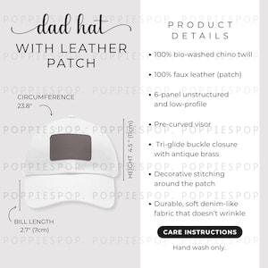 White Dad Hat With Grey Leather Patch Size Chart, Dad Cap Size Guide, Baseball Hat Care Card, Printify Dad Hat, Photo Listing, Hat Mockup