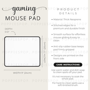 May include: White gaming mouse pad with black trim, measuring 9 inches wide and 7 inches long, with a depth of 0.12 inches. The text "gaming MOUSE PAD" is at the top. Features include a smooth surface and anti-slip rubber base.