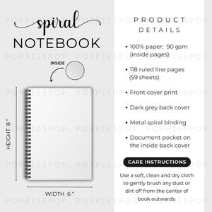 Spiraal notebookmatentabel, spiraal notebookmodel, spiraal dagboek onderhoudskaart, Printify notebookmodel, Rule Lined spiraalvormig dagboekmodel,
