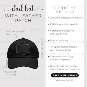Black Dad Hat With Black Leather Patch Size Chart, Dad Cap Size Guide, Baseball Hat Care Card, Printify Dad Hat, Photo Listing, Hat Mockup
