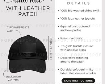 Black Dad Hat With Black Leather Patch Size Chart, Dad Cap Size Guide, Baseball Hat Care Card, Printify Dad Hat, Photo Listing, Hat Mockup