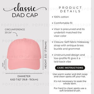 Pinke Classic Dad Cap Größentabelle, Dad Cap Größentabelle, Baseballmütze Pflege Karte, Printstifte Classic Dad Cap, Dad Hut Mockup, Beach Cap Größentabelle
