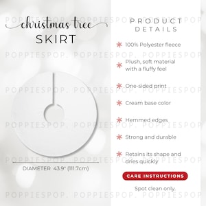 May include: Cream-colored Christmas tree skirt made of 100% polyester fleece. The skirt has a diameter of 43.9 inches and features a one-sided print with hemmed edges. The text on the image says "Christmas Tree Skirt".