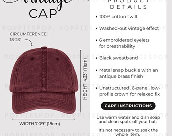 Maroon Vintage Cap Size Chart, Vintage Hat Size Guide, Embroidered Cap Care Card, Printify Vintage Cap, Baseball Cap Mockup, Hat Mockup