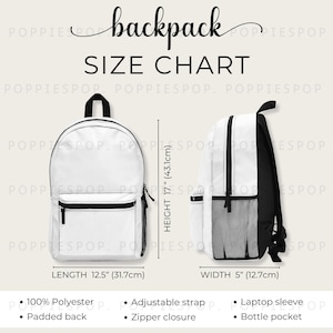 Backpack Size Chart, School Backpack Product Listing Card, Backpack Size Guide, Backpack Mockup, Printify Backpack, School Bag Size Chart
