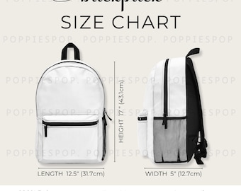 Rucksack-Größentabelle, Schulrucksack-Produktliste, Rucksack-Größentabelle, Rucksack-Mockup, Printstifte-Rucksack, Schultaschen-Größentabelle